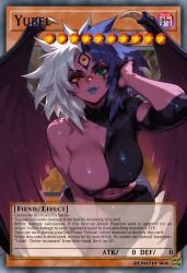 ai_art ai_generated black_outfit blue_hair blue_lipstick card claws cleavage demon_wings girl green_eyes heterochromia large_ass large_breasts makeup orange_eyes pink_skin pointy_ears split_hair third_eye white_hair yu-gi-oh! yubel yugioh zenithai