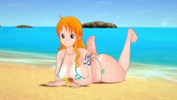 1girls 3d animated beach bikini bikini_bottom bikini_top feet huge_ass huge_breasts kicking koikatsu looking_at_viewer nami_(one_piece) no_sound one_piece orange_eyes orange_hair selfinsertedbro smile smiling smiling_at_viewer solo tagme video