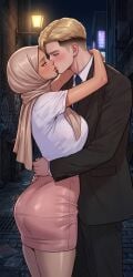 1boy1girl ai_assisted ai_generated alcohol arabian beer blonde-haired_male blonde_hair bottle french_kiss french_kissing hijab hijabi kiss_on_lips kissing lipgloss middle_eastern_female night pencil_skirt shirt street tanned_female white_male
