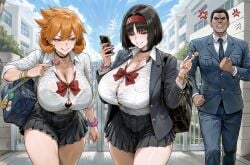 1boy 2girls ai_generated anger_vein angry bag bag_charm black_bag black_bra black_choker black_clothes black_hair black_skirt black_underwear blue_bag blue_eyes blue_jacket blue_pants blue_sky blue_suit blush bow bowtie bra bra_visible_through_clothes bracelet breasts building busty button_gap candy cellphone charm_(object) choker chool_uniform cleavage clenched_teeth clothing cloud collared_shirt day erika_(pokemon) female food formal grin hairband headband headwear holding holding_candy holding_food holding_lollipop holding_object holding_phone huge_breasts jacket jewelry kasumi_(pokemon) landscape large_breasts lollipop long_sleeves male miniskirt misty_(pokemon_hgss) multiple_boys multiple_girls nail_polish necklace necktie neckwear open_clothes orange_hair outdoors pants parted_lips phone pleated_skirt pokemon red_bow red_bowtie red_eyes red_hairband red_headband red_neckwear school_bag scrunchie see-through shirt short_hair skirt sky smartphone smile suit teeth thick_thighs thighs underwear uniform white_shirt wrist_scrunchie