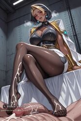 1boy 1girl ai_generated black_hair blonde_hair blush breasts cape cleavage cleavage_cutout clothed_female_nude_male clothing_cutout crossed_legs cum cum_on_body dark_skin domina earrings feet footjob hetero indoors jewelry large_breasts looking_at_viewer mole multicolored_hair nude open_mouth overwatch overwatch_2 pantyhose penis short_hair sitting smile solo_focus two-tone_hair villain_party69