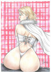 1girls ass ass_focus big_ass big_breasts blonde_female blonde_hair blue_eyes breasts bubble_butt corset emma_frost female female_only large_breasts light-skinned_female marvel marvel_comics milf nipple_bulge nipples oliver_lee solo thick_thighs thong thong_panties white_queen wide_hips x-men