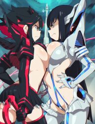 2girls aetherion_art black_dress black_hair breast_press breasts breasts_to_breasts dress face-to-face female female_only highres huge_breasts junketsu kill_la_kill kiryuuin_satsuki large_breasts long_hair matoi_ryuuko multicolored_hair multiple_girls outdoors red_hair school_uniform senketsu serafuku short_hair sisters tomboy two-tone_hair yuri