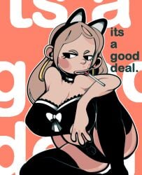 1girls 2018 2d_(artwork) big_breasts bra brown-haired_female cat_ears cat_headband cleavage earrings headband headwear legwear light-skinned_female long-haired_female mangneto neckwear panties solo_female thighhighs underwear