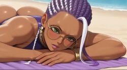 1girls beach big_ass bikini braided_hair dark-skinned_female dark_skin dolores_(kof) fat_ass glasses green_eyes king_of_fighters long_hair on_stomach one-piece_swimsuit outdoors purple_hair round_glasses swimsuit thick_ass two-tone_hair white_hair