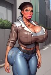 ai_generated alyx_vance asian asian_female belt bimbo bimbo_body bimbo_lips blush blushing brown_hair dark_skin half-life_(series) half-life_2 hourglass_figure hourglass_figured_female huge_ass huge_breasts jacket pink_lips pink_lipstick short_hair solo solo_female solo_focus thick_ass thick_thighs tight_clothing