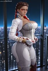 1girl ai_generated apex_legends black_hair braid breasts building choker cleavage gloves hi_res high_quality high_resolution jewelry large_breasts lips loba_(apex_legends) looking_at_viewer patreon seductive sexy solo spicytoonai uncensored watermark white_gloves