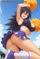 ;d ai_generated arm_up armpits ass black_hair blue_eyes blush boku_no_hero_academia breasts cheerleader covered_nipples crop_top female hair_between_eyes large_breasts long_hair looking_at_viewer midnight_(my_hero_academia) midriff my_hero_academia navel nemuri_kayama no_panties one_eye_closed open_mouth outdoors pikkiwynn pom_pom_(cheerleading) pussy shoes skirt smile sneakers socks solo teeth