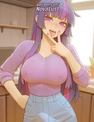 1futa 2025 ai_generated artist_name bangs blue_nails blunt_bangs blush breasts breasts breasts bust chest covered_nipples eyebrows_visible_through_hair futanari hi_res high_quality high_resolution highres indoors long_hair looking_at_viewer multicolored_hair my_little_pony nail_polish novalust open_mouth patreon patreon_username purple_eyes purple_hair purple_nails smile solo stable_diffusion streaked_hair twilight_sparkle_(mlp) v watermark