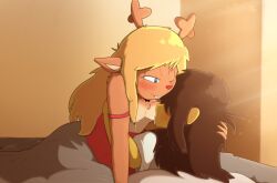 anthro antlers bed bedding bedroom bedroom_eyes bingbingo_(artist) blanket blonde_hair blush bodily_fluids breastfeeding breasts brown_hair buckteeth clothing colored deer deltarune detailed digital_drawing_(artwork) digital_media_(artwork) duo female freckles furniture hair hi_res holding_head holding_partner horn human kris_(deltarune) lactating long_hair mammal milk narrowed_eyes new_world_deer nightgown noelle_holiday one_eye_closed pillow red_nose reindeer seductive shirt signature small_breasts smile teeth topwear undertale_(series) white_clothing white_shirt white_topwear