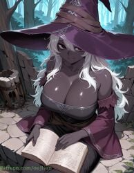 ai_art ai_assisted ai_generated bare_shoulders book breasts cleavage dark-skinned_female dark_skin detached_sleeves dress elden_ring elden_ring_nightreign female forest fromsoftware hair_between_eyes hat lantern large_breasts long_hair looking_at_viewer nature open_book oujisan outdoors patreon patreon_url patreon_username recluse_(elden_ring) recluse_(nightreign) red_eyes sitting smile solo tagme watermark white_hair witch witch_hat
