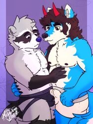 anthro belly bodily_fluids briefs bulge bulge_frottage canid canine canis clothing demon duo frottage frottage_through_clothing genital_fluids hi_res hybrid jockstrap male male/male mammal mrdarknesswolf mrdarknesswolf_(character) penile penis penises_touching precum procyonid roquemapache sex underwear wolf