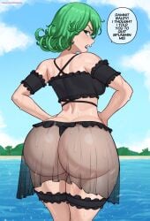 angry artist_name ass bare_shoulders bikini breasts curvy english_text female female_focus green_eyes green_hair hands_on_own_hips huge_ass legs_together medium_hair ocean one-punch_man paid_reward_available patreon_username psychic shiny_skin short_green_hair sky small_breasts speech_bubble superbusty swimsuit tatsumaki thick_thighs thigh_strap thighs underwear water wet wide_hips