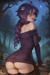 1girls acw ahoge ai_generated ass back_view blue_eyes breasts drill_hair female forest hair_over_one_eye light-skinned_female light_skin long_hair looking_at_viewer medium_breasts night off_shoulders outdoors purple_hair rear_view smile solo solo_female sweater sweater_dress thighhighs zone zone-tan