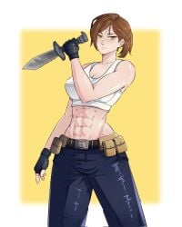 1girls abs athletic_female brown_eyes brown_hair commission commission_art crop_top dagger female gloves long_pants muscular muscular_female oc original original_character tagme tied_hair waist_bag yu_san_(artist)