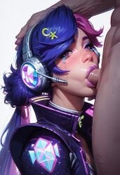 ai_generated basic_background blowjob close-up eye_contact hand_on_head headphones luna_snow luna_snow_(marvel_rivals) marvel marvel_rivals small_penis tears troythekid