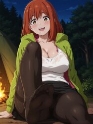 ai_generated big_ass big_breasts blush camping enormous_ass enormous_breasts environment feet_focus feet_up forest futari_solo_camp kusano_shizuku large_ass legwear medium_hair nude_female pov red_hair yellow_eyes zipzip