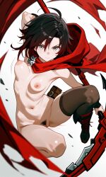 action_pose ai_generated bouncing_breasts breasts cloak crescent_rose female nude pubic_hair pussy red_cloak ruby_rose rwby scythe silver_eyes single_thighhigh skinny small_breasts