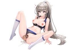 1boy absurdres arm_support bar_censor bare_arms bare_shoulders black_bra black_panties blue_eyes blue_ribbon bra breasts censored closed_mouth clothing_aside collarbone commission counter:side disembodied_penis erection female full_body gradient_eyes grey_hair hair_ornament hair_ribbon heart heart_censor high_ponytail highres large_breasts leaning_back long_hair m_legs missionary motion_lines multicolored_eyes nabiyan navel nipples no_shoes panties panties_aside penis ponytail purple_eyes pussy pussy_juice pussy_juice_puddle ribbon seo_yoon sex simple_background sitting smile socks solo_focus spread_legs stomach_bulge straight straight_hair sweat torn_bra torn_clothes underwear underwear_only vaginal_penetration very_long_hair white_background white_socks