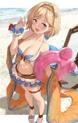 1girls akita_hika big_breasts bikini blonde blonde-haired_female blonde_female blonde_hair blue_swimsuit blush blushing bob_cut breasts breasts_out brown_eyes commentary_request djeeta_(granblue_fantasy) dress_swimsuit exposed_breasts female granblue_fantasy large_breasts looking_at_viewer navel official_alternate_costume short_hair skirt swimsuit white_bikini