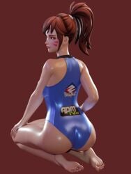 1girls 3:4 3d 3d_(artwork) artist_request ass ass_focus bare_legs barefoot blizzard_entertainment brown_eyes brown_hair d.va facial_markings facing_away_from_viewer fat_ass female female_only foot_fetish foot_focus from_behind hi_res highres kneeling long_hair looking_at_viewer looking_back one-piece_swimsuit overwatch overwatch_2 ponytail simple_background solo source_request sweat swimsuit