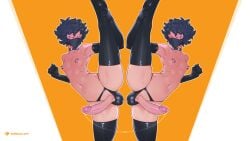 2boys androgynous artist_name balls black_gloves black_thighhighs choker clone cowboy_shot gloves glowing glowing_eyes large_penis male male_focus mask messy_hair mouth_mask multiple_boys navel nipple_piercing penis piercing precum precum_string short_hair skindentation split standing standing_on_one_leg standing_split tailbox testicles thighhighs