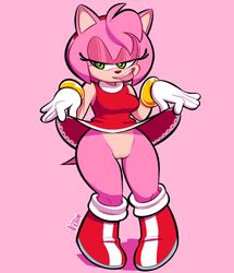 amy_rose autobum bottomless breasts grin hedgehog pink_fur pussy red_boots skirt_lift smile sonic_(series) tan_fur tongue tongue_out upskirt