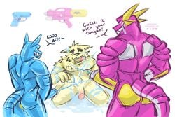 3boys cvinodor dialogue fur furry genital_fluids genitals hi_res male male_only muscular muscular_male on_knees penis sketch text translucent tuft unusual_anatomy ych_(character)