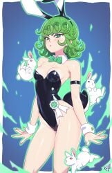 animal_ears artist_name aura bare_legs bare_shoulders black_leotard blue_background border bow bowtie breasts cg cowboy_shot curly_hair detached_collar fake_animal_ears female green_bow green_bowtie green_eyes green_hair highleg highleg_leotard kajinman leotard looking_at_viewer one-punch_man playboy_bunny rabbit rabbit_ears rabbit_tail short_hair small_breasts solo strapless strapless_leotard tail tatsumaki white_border wrist_cuffs