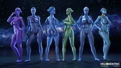 2022 3d_(artwork) absurd_res alien alien_humanoid areola asari ass big_breasts bioware blue_body blue_eyes blue_skin breasts collarbone digital_media_(artwork) electronic_arts eyelashes facial_markings feet female genitals glistening glistening_body glistening_skin green_body green_eyes green_skin group hands_on_hips head_markings helioxentric hi_res holding_butt humanoid jewelry liara_t'soni markings mass_effect morinth navel navel_piercing nipples nude peebee piercing purple_body purple_skin samara shiala vulva