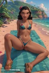 1girls ai_generated arms_behind_back beach beach_towel bikini black_hair blue_sky breasts brown_eyes cloud collarbone dark-skinned_female dark_skin day disney feet floral_print flower full_body green_bikini hair_flower hair_ornament hi_res lilo_and_stitch lips long_hair looking_at_viewer medium_breasts nani_pelekai navel nose ocean outdoors palm_tree partially_visible_vulva print_bikini progenarts pussy rock sand sandals side-tie_bikini_bottom sitting sky smile solo spread_legs swimsuit toenails toes towel tree water web_address