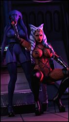 2girls 3d ahsoka_tano alien big_breasts blue_skin breasts foab30 nipples orange_skin pussy star_wars togruta twi'lek