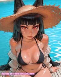 absurd_res ai_art ai_generated animal_ears bikini caption hi_res highres hoshimi_miyabi hoyoverse lazyrainbow mihoyo patreon patreon_url patreon_username pool poolside red_eyes sadtomato swimsuit wet wet_skin zenless_zone_zero