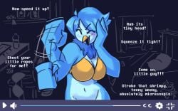 anthro avian bed big_breasts bird bra breasts clothing comic curvy_figure dracozhilla female furniture gesture hand_gesture handjob_gesture hi_res hourglass_figure humiliation martlet_(undertale_yellow) monochrome navel patreon penis_humiliation small_penis_humiliation smile solo suggestive suggestive_gesture text undertale_yellow underwear url wide_hips wings