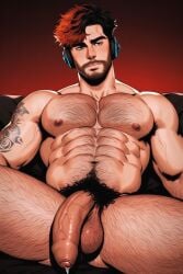 1boy abs ai_generated armpit_hair balls big_balls big_penis body_hair flaccid flaccid_penis freckles gay ginger hairy lying_on_back male male_focus male_only muscular muscular_male on_back pecs penis precum pubic_hair solo solo_male tattoo yaoi