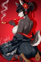 absurd_res anthro asian_clothing breasts clothing east_asian_clothing female female_anthro hi_res iamzavix japanese_clothing kimono nude pinup pose smoke smoking solo solo_focus