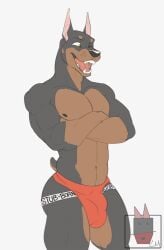 2017 anthro athletic athletic_anthro balls_outline biceps brown_body brown_fur bulge canid canine canis clothed clothing colored detailed_bulge digital_drawing_(artwork) digital_media_(artwork) dobermann domestic_dog english_text fur genital_outline jockstrap jockstrap_only lance_o'rourke linkin_monroe male mammal multicolored_body muscular muscular_anthro muscular_male navel nipples nub_tail one_eye_closed open_mouth pecs pinscher pointy_ears red_clothing red_jockstrap red_underwear sheath_outline simple_background smile solo solo_focus standing tail teeth text topless two_tone_body underwear underwear_only watermark white_sclera yellow_eyes