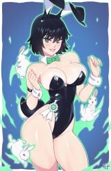 animal_ears artist_name aura bare_legs bare_shoulders black_hair black_leotard bow bowtie breasts cg cleavage cowboy_shot detached_collar fake_animal_ears female fubuki_(one-punch_man) green_bow green_bowtie green_eyes highleg highleg_leotard kajinman large_breasts leotard lips looking_at_viewer mole mole_on_breast mole_on_thigh one-punch_man playboy_bunny rabbit rabbit_ears rabbit_tail short_hair smile solo strapless strapless_leotard tail thighs wrist_cuffs