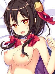 amemiya_ruki black_hair braid breasts crown_braid female hair_ornament hair_ribbon heart heart-shaped_pupils kono_subarashii_sekai_ni_shukufuku_wo! large_breasts long_hair nipples nude open_mouth red_eyes red_ribbon ribbon solo symbol-shaped_pupils tied_hair twintails yunyun_(konosuba)