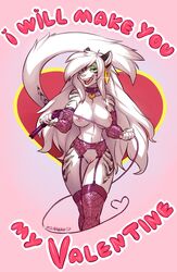 1girls anthro breasts collar english_text feline female garter_belt heart looking_at_viewer mammal nipples pussy riding_crop smile solo text thick_thighs topless whip wide_hips zummeng