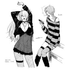 2girls aged_up alternate_costume babydoll big_breasts choker cigarette cross_necklace emo emo_girl emo_hair female female_only fishnets fully_clothed garter gegege_no_kitarou getakichi goth goth_girl hair_over_one_eye iamurako kitarou kitarou_tanjou_gegege_no_nazo leather_jacket long_fingernails long_hair looking_at_viewer medama_oyaji_(human) medium_hair milf monochrome mother_and_daughter necklace negligee nightgown no_bra parent_and_child see-through_clothing smile smoking stretching sweater thigh_strap