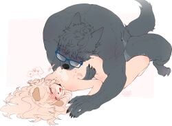 1boy 1girls absurd_res anthro axel_(canisfamelicus) blonde_hair blush breast_sucking breasts canid canine domestic_dog female fur furry glasses grey_fur grey_hair heart heart-shaped_pupils long_hair love_bite lying lying_on_back male muscular muscular_male nadacheruulewd narrowed_eyes open_mouth sex sharp_fingernails small_breasts spoken_heart sucking_breasts white_background