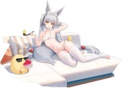 animal_ear_fluff animal_ears arm_up armpits asanagi_(azur_lane) asanagi_(lulled_by_rough_seas)_(azur_lane) azur_lane bare_arms bare_shoulders bikini bird black_background blunt_bangs braid breasts cg chick collarbone couch feet female food fox_ears fox_girl fox_tail full_body grey_hair hair_ornament halterneck holding long_hair looking_at_viewer lying navel no_shoes official_art on_couch on_side open_mouth pillow shaved_ice side-tie_bikini_bottom skindentation small_breasts solo spoon stirrup_legwear stomach string_bikini sunglasses swimsuit tail thighhighs thighs toeless_legwear toes twintails very_long_hair white_bikini white_hair white_thighhighs yellow_eyes
