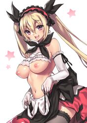 1girls :d black_legwear blonde_hair breasts clothing earrings elbow_gloves elf female fuya_(tempupupu) gloves hair_ribbon hairband jewelry large_breasts light-skinned_female light_skin long_hair looking_at_viewer maid maid_headdress maid_uniform mistral_nereis navel nipples no_bra open_mouth purple_eyes ribbon shining_(series) shining_hearts simple_background smile solo solo_female stockings thighhighs tied_hair twintails white_background white_gloves