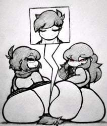 1boy 2girls ahoge black_hair boss_(thelittlenerdys) fat_ass femboy glasses grey_scales long_sleeves luna_(thelittlenerdys) meme_reference monochrome nerd nerdy nerdy_female partially_clothed pencil_(artwork) rand0m_293 red_eyes scarf short_hair shortstack sitting_on_face sitting_on_person tomboy