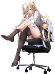azur_lane black_footwear black_thighhighs blonde_hair blue_eyes blush breasts brown_skirt cg chair cleavage collared_shirt crossed_legs feet female full_body garter_straps gorizia_(azur_lane) gorizia_(unrequited_office_love?)_(azur_lane) hair_ribbon high_heels id_card jacket lanyard large_breasts legs long_hair looking_at_viewer miniskirt office_chair official_art plaid plaid_skirt red_ribbon shirt shoe_dangle shoes single_shoe sitting skirt soles solo swivel_chair thighhighs thighhighs_pull thighs toes twintails two_side_up unworn_jacket unworn_shoes very_long_hair watch white_shirt window_blinds