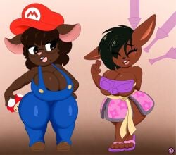 anthro big_ass big_breasts black_hair blush breasts brown_hair brown_skin dovonna_(ninjadougie) female freckles gwen_martin kunoichi long_ears mario_(cosplay) mole mole_under_mouth nr_ac revealing_clothes shortstack smile thick_thighs thighhighs