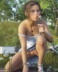 1girls 2024 2c3d 3d artist_signature blowing_dandelion blue_eyes bottomless brown_hair dandelion dandelions dated dress female female_only floral_print flower_print ice_blue_eyes looking_at_viewer necklace no_panties nopan outdoor outdoor_nudity outdoors outside solo solo_female
