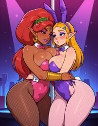 2girls absurdres ai_generated arm_band breast_press breasts breath_of_the_wild bunny_ears bunnysuit collar curvy dancer dark-skinned_female earrings eyeshadow female fishnet_pantyhose fishnets hug huge_ass huge_breasts jewelry large_ass large_breasts lipstick megazard nightclub nintendo pantyhose playboy_bunny pout princess_zelda red_hair round_breasts smile stage_lights stripper stripper_pole thick_thighs urbosa wide_hips yuri zelda_(breath_of_the_wild)