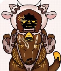 alternate_version_available angry_expression annoyed annoyed_expression cat_tail chubby chubby_male cow_ears cum cum_in_chest cumshot focus_on_chest humanization humanized kirby_(series) looking_at_viewer magolor male thehorneytea yellow_eyes
